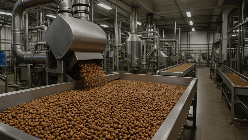 Dry pet food production line with finished kibble