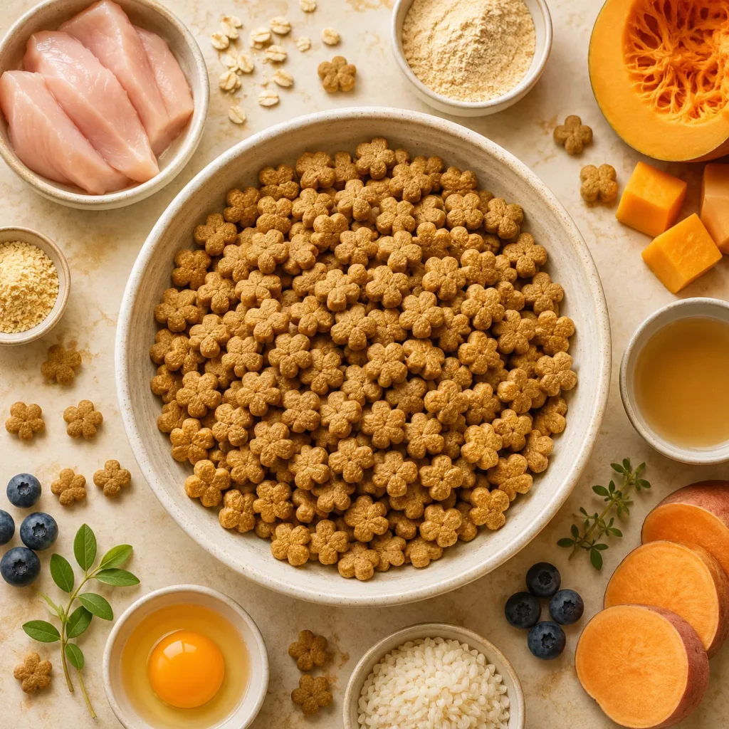 Dry pet food kibble presented with selected ingredients