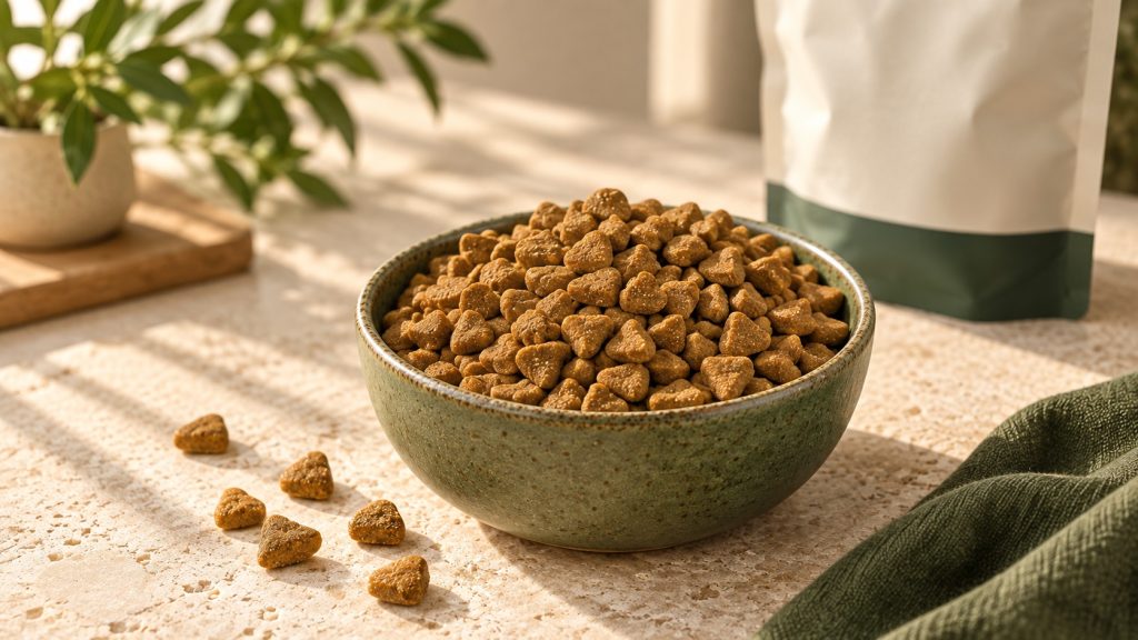 baked kibble in a green ceramic bowl beside an unbranded pet food pouch