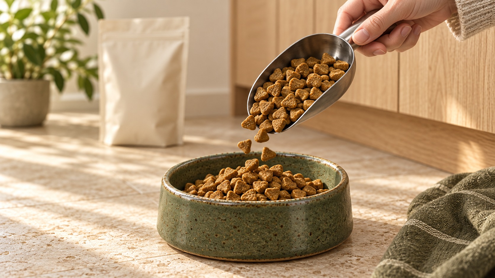 baked kibble being poured from a metal scoop into a green pet bowl