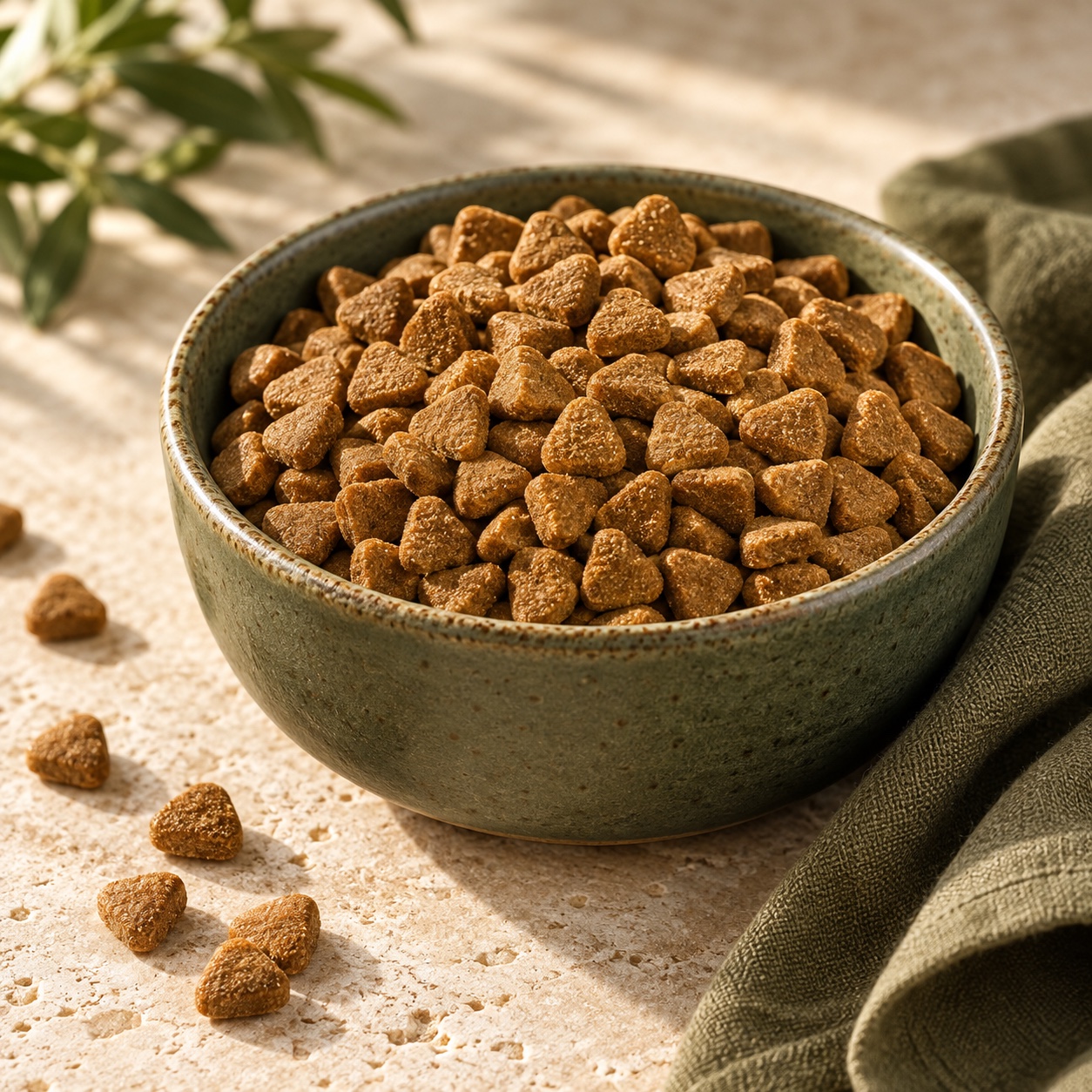 Baked kibble in a ceramic bowl showing the finished dry pet food pieces