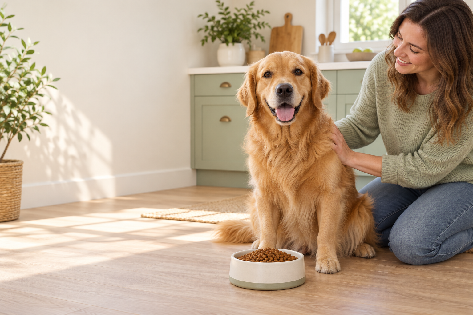 golden retriever beside a bowl of dry kibble with its owner in a warm kitchen