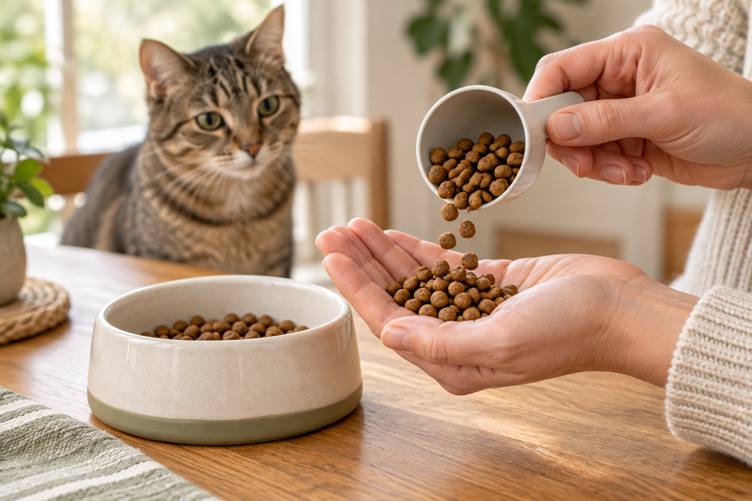 tabby cat watching its owner pour dry kibble into a hand beside a bowl
