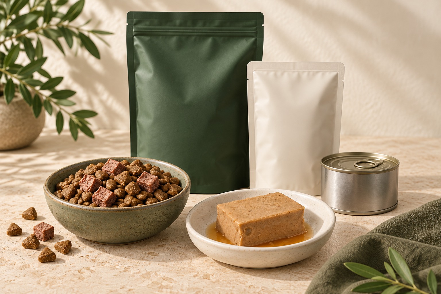 unbranded private label pet food bags pouch and can with dry and wet food samples