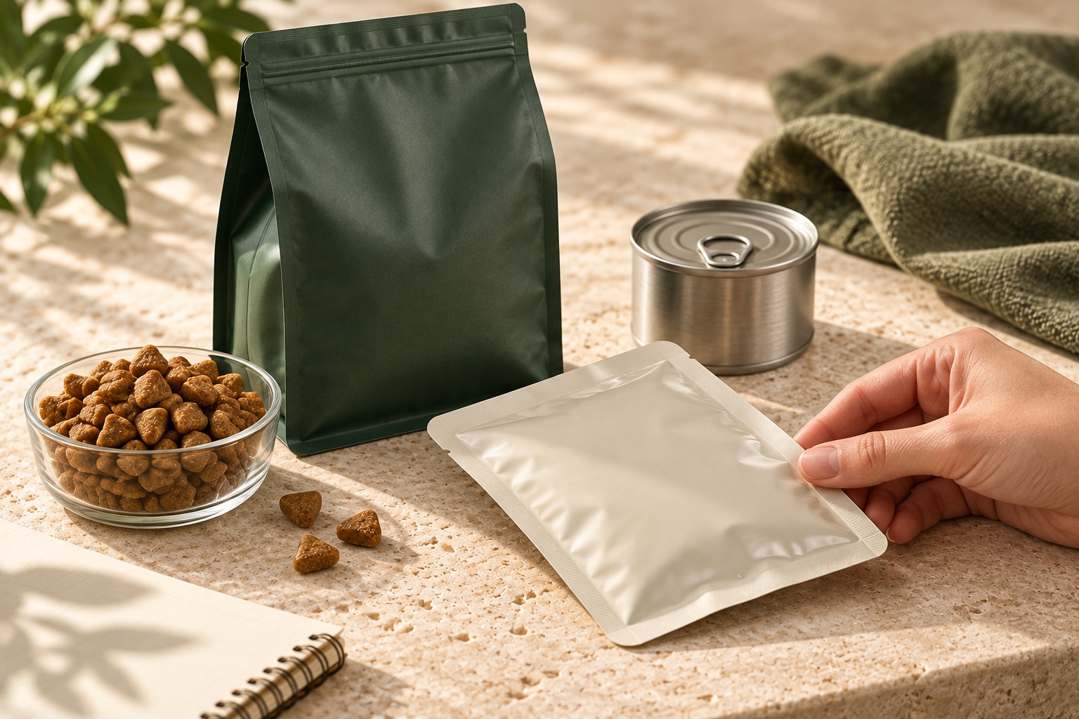 hand inspecting a private label pet food pouch beside a bag and can
