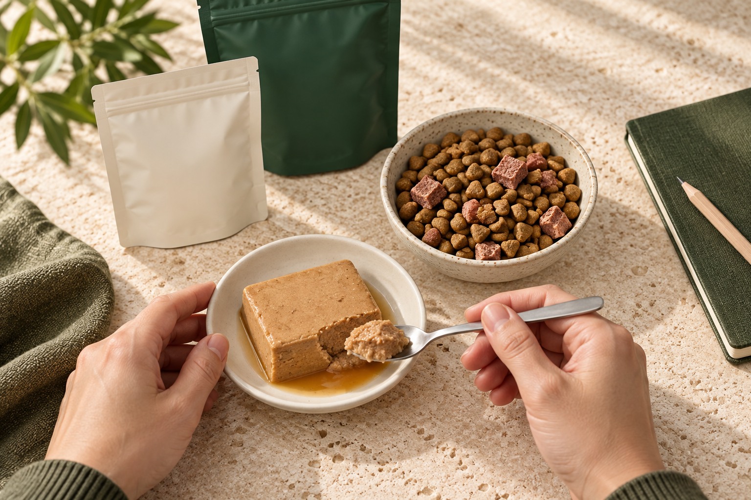 hands reviewing dry and wet private label pet food samples beside unbranded packs